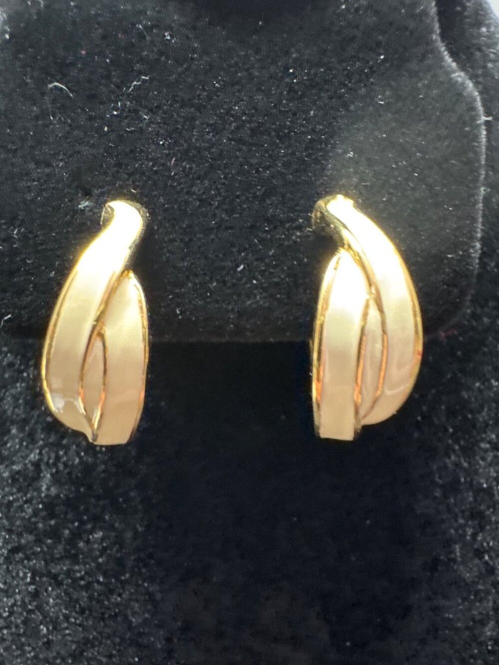 Vintage Monet Gold Tone Clip-On Earrings With Cream Enamel Accents